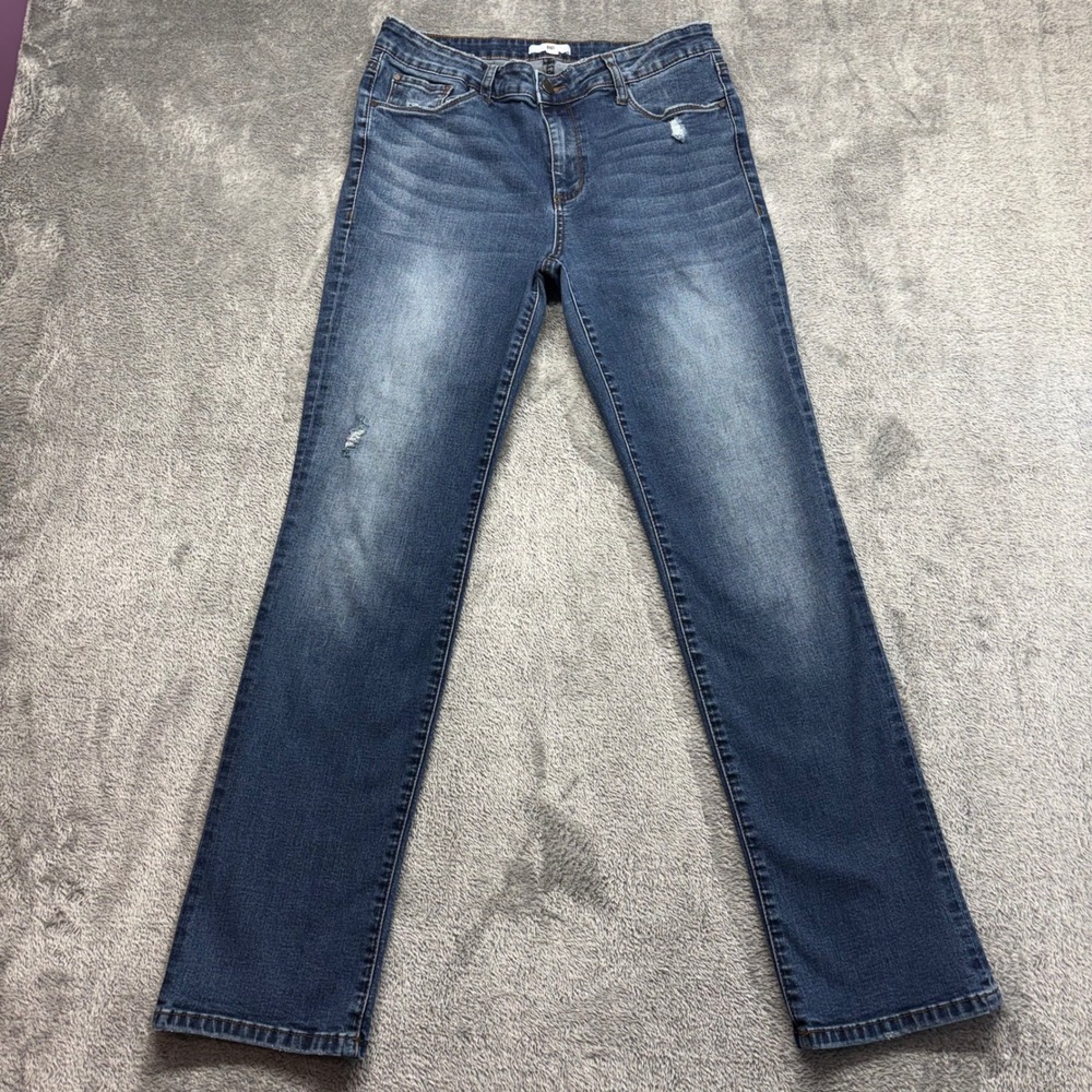BP Jeans Women 31 Blue Good Straight Leg Distressed Mid Rise‎ Stretch Denim